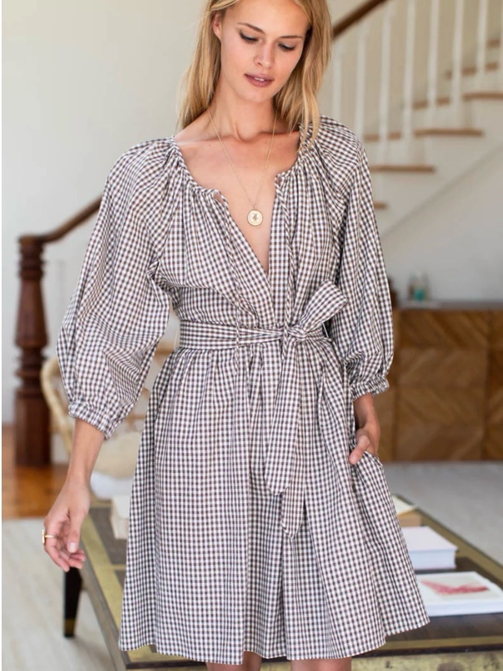 Emerson Fry RAKEL KEYHOLE SHORT DRESS - COFFEE GINGHAM 100% Cotton